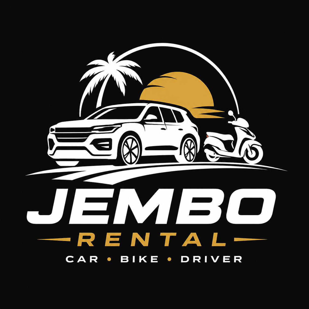 Jembo Rental logo — car, scooter, palm tree and sun